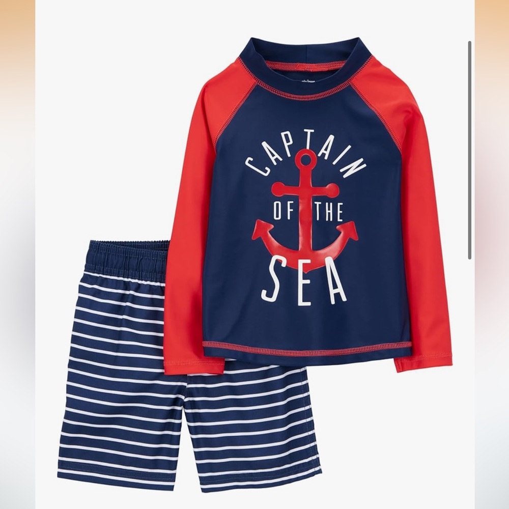UPF 50 Boys Swim Rashguard Set - Navy and Red